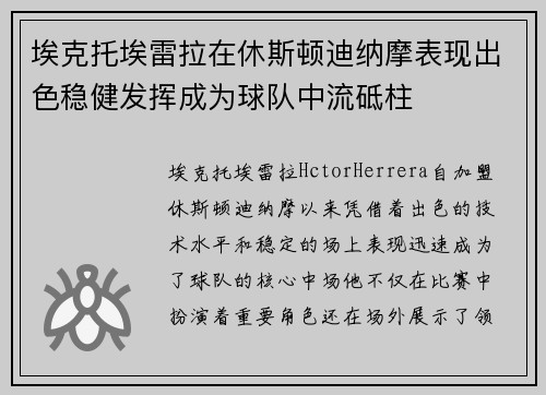 埃克托埃雷拉在休斯顿迪纳摩表现出色稳健发挥成为球队中流砥柱